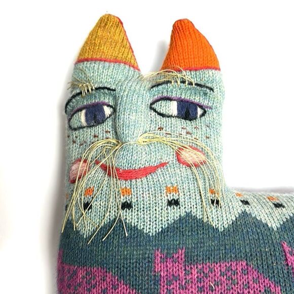 Pair of Vintage 1986 Handloomed Stuffed Cat Shaped Wool Pillows New Excellent - Picture 3 of 15